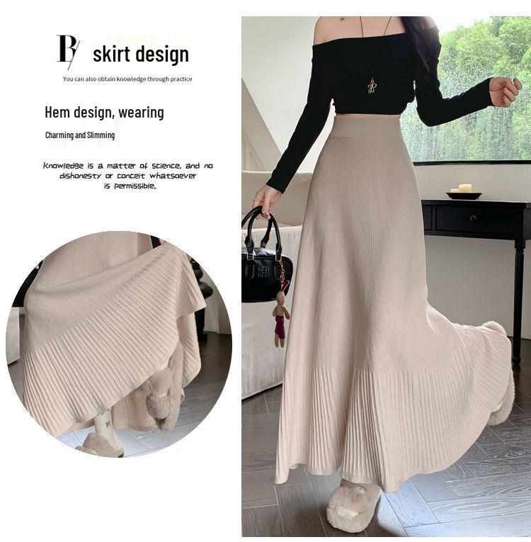 High Waist Autumn/Winter Pleated A-line Knit Skirt with Slimming Design