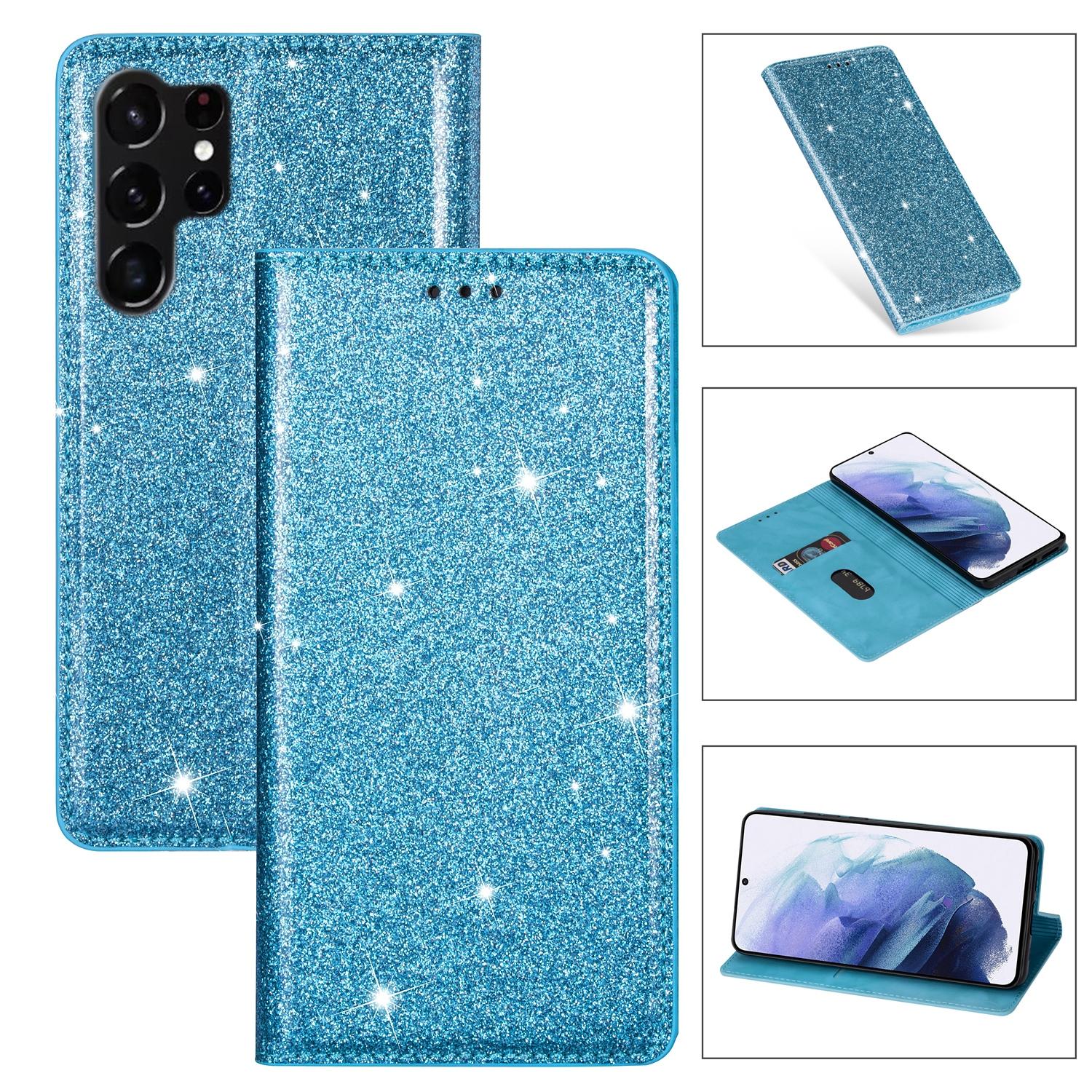 

For Samsung Galaxy S25 Ultra Case Glittery PU Leather+TPU Card Slot Phone Cover Blue