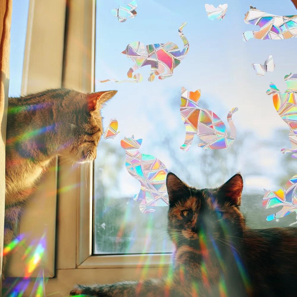 Rainbow Suncatcher Window Stickers PVC Cartoon Cat Dog Butterfly Prism Glass Wall Sticker Home Bedroom Window Decoration