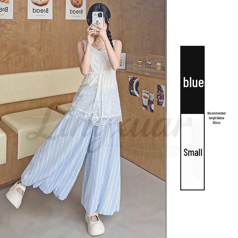 Women s Summer Ice Silk Plaid High-Waist Wide-Leg Shorts Skirt M