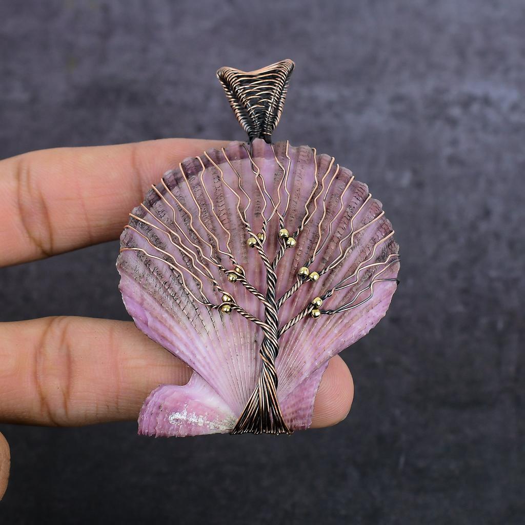 Pink Sea Shell Gemstone Handmade Copper Wire Wrap Jewelry Pendant 2.96" Z8b95