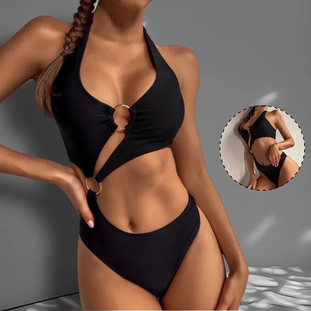 Hollow Solid Metal Ring  Neck , Backless Hot Girl Sexy One-piece Swimsuit, Hot Spring Swimsuit