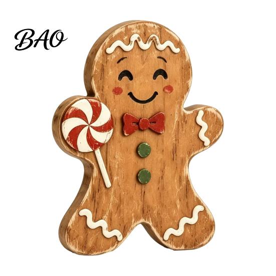 Christmas Window Display Ornaments Wooden Gingerbread Man Decor, Rustic Gingerbread, Candy Cane House Figurines, Xmas Family Gathering Decorative