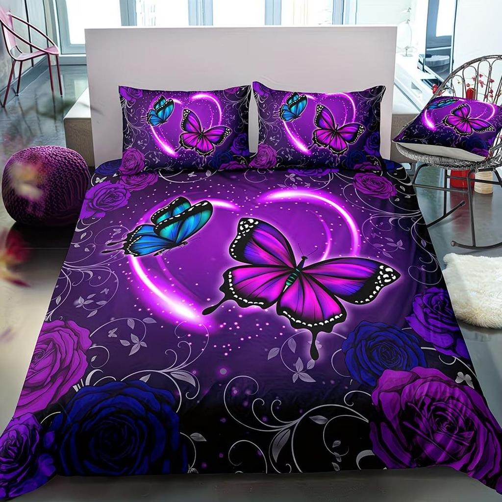 Butterfly Rose Floral 3pcs Duvet Cover Set, Butterfly Rose Floral Duvet Cover Set Unfilled, Duvet Cover Set Twin/Full/Queen/King