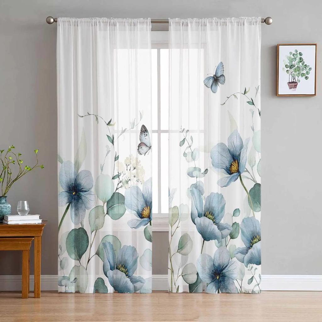 Vintage Tulpen Blumen Schmetterlinge Schlafzimmer Transparente Gardinen Urlaub Dekoration Fenster Voile Tüll Vorhang