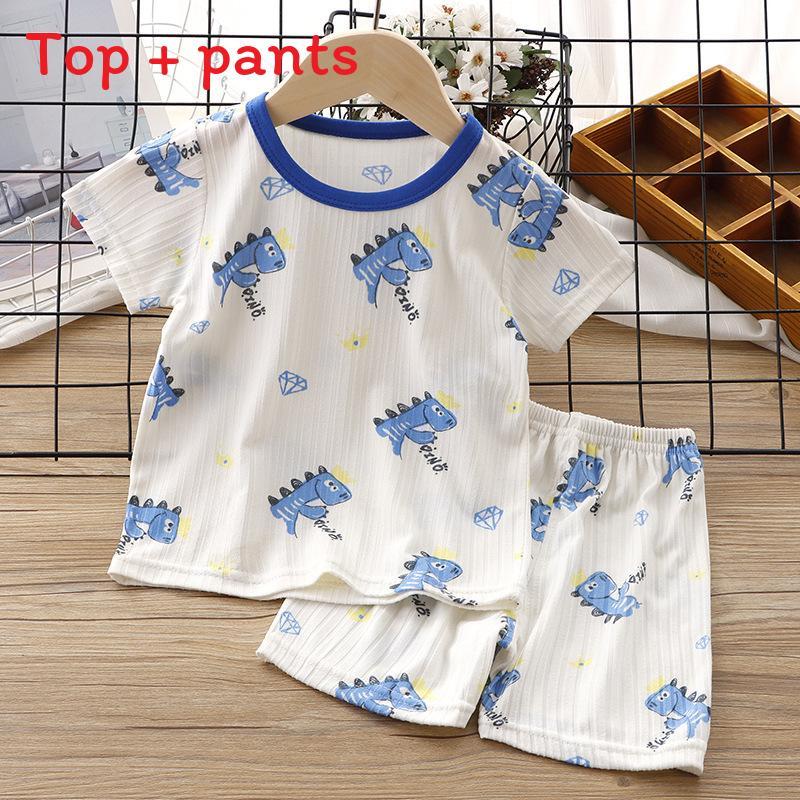 Baby Summer Ice Silk Shorts Pajama Set With Cartoon Prints For Toddler Sleepwear