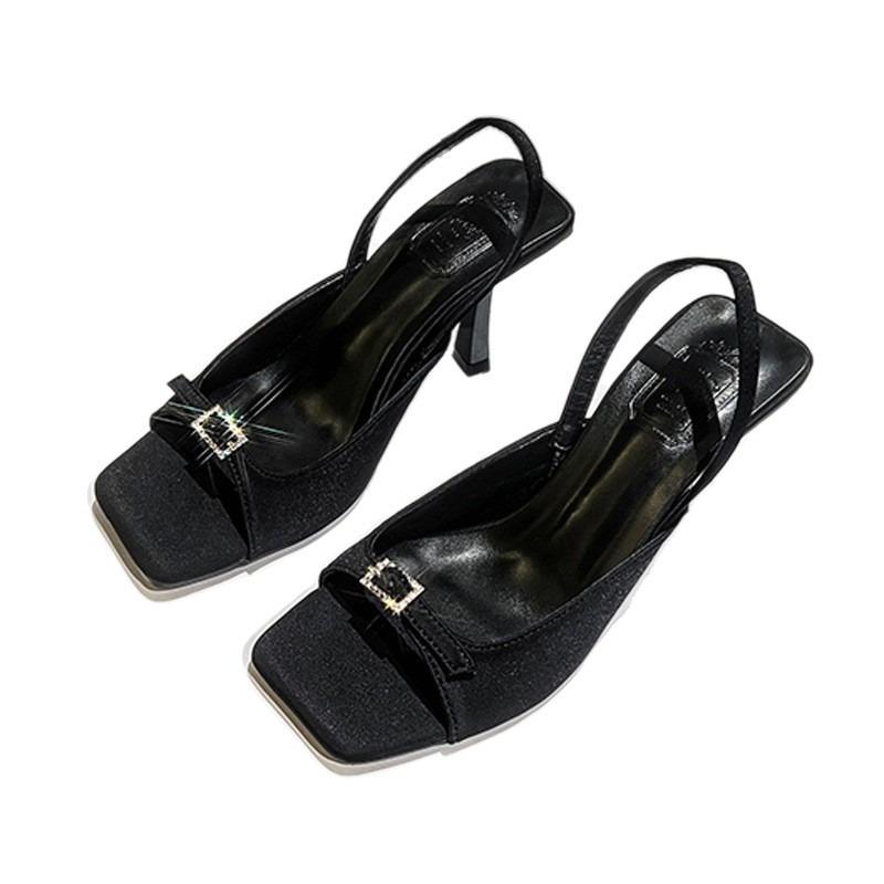 New Women's Shoes Square Head Open-toed Square Buckle Rhinestone Word with High Heels Sandals