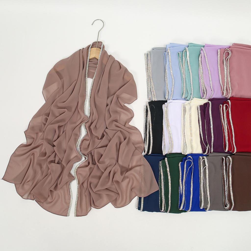 New Rhinestone Shiny Chiffon Hijab Scarf For Woman Muslim Hijab Shawl Chain Long Wraps Fashion Premium Headscarf Islam Turban