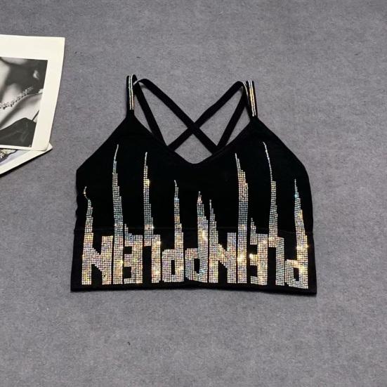 Women's Rhinestone Padded Sports Bra Seamless Cami Cropped Tank Top Crisscross Back Shiny Workout Bra