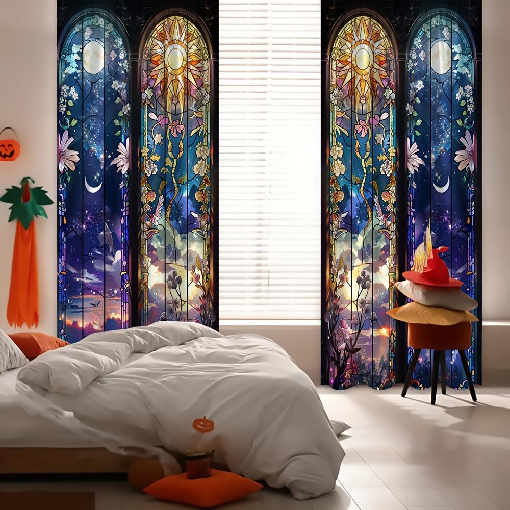 two-piece sun moon starry sky psychedelic oil painting theme modern hanging curtain, bedroom decoration transparent curtain