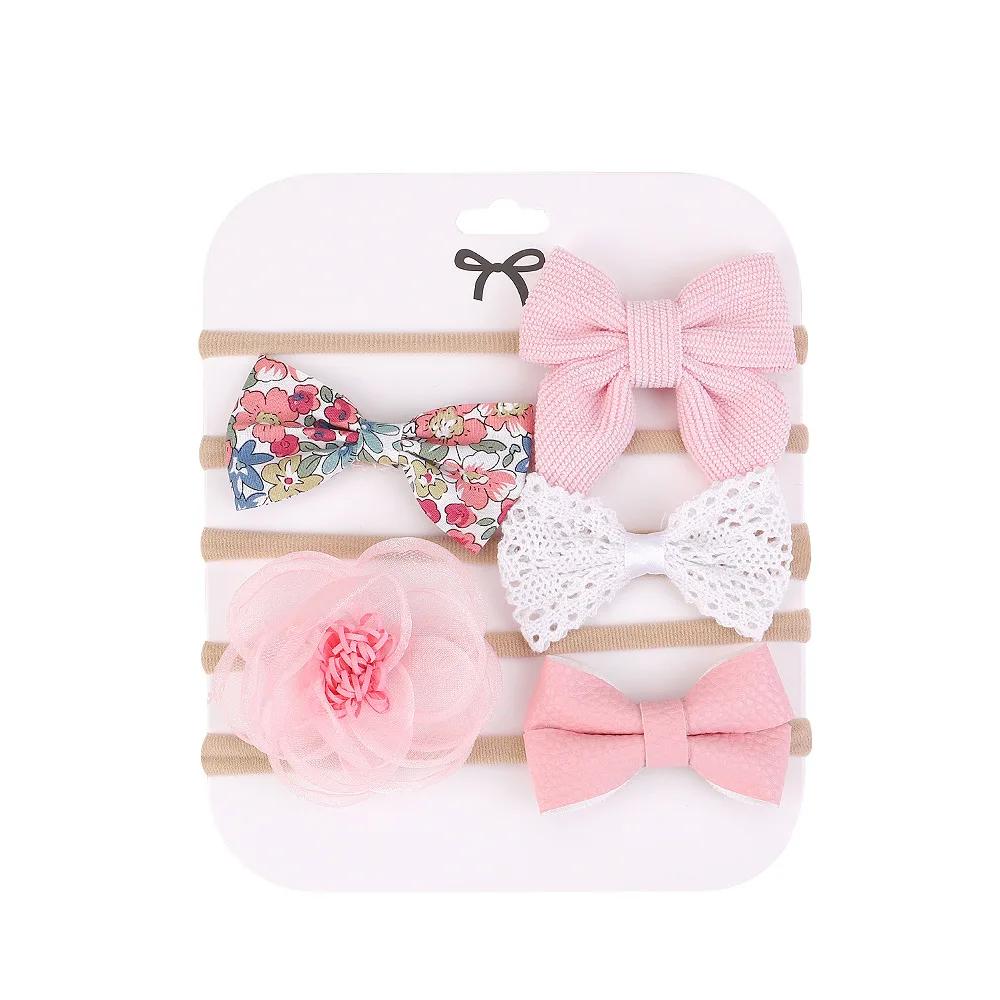 5Pcs Baby Bows Lace Flower Headband Print Nylon Cotton Hair Bands for Girls Children Newborn Toddler Soft Hair Accessories