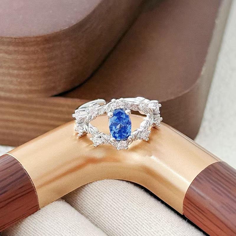 Light Luxury High-End Exquisite Super Flash Sea Blue Zircon Ring Color Treasure High Value Niche Design Fashionable Super Fairy Ring