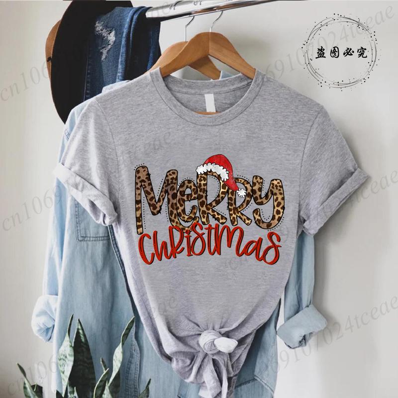 Leopard Merry Christmas Print TShirts Crew Neck Tshirt Casual Short Sleeve Top for Christmas Unisexs Clothing Tshirt Top