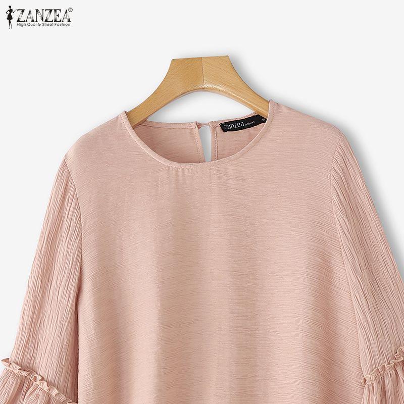 ZANZEA Women Casual Round Neck Ruffles Long Sleeve Loose Blouse