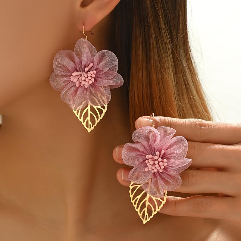 Hollow Lace Pink Leaf Flower Dangle Earrings for Women Chic Cute Mesh Earrings Party Jewelry Gifts