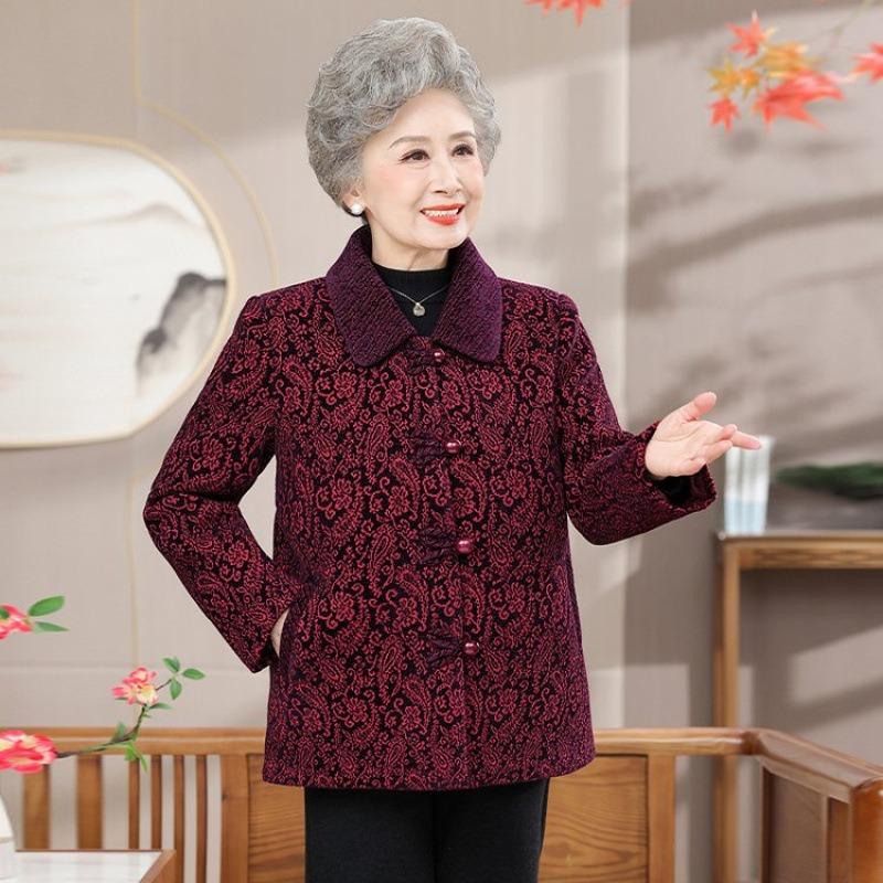 

Пальто для пожилых людей на весну и осень, женская осенняя одежда с длинным рукавом, шерстяной большой размер, топ с лацканами для пожилой женщины 1XL [recommended 80-50kg] красный