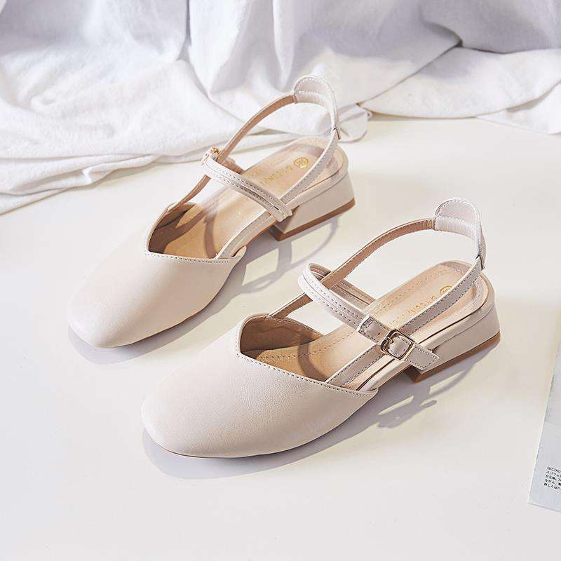Baotou Sandals Women's Summer Middle Heel 2025 New Korean Version Versatile Student Fairy Style Retro Thick Heel One-word Strap Single Shoes