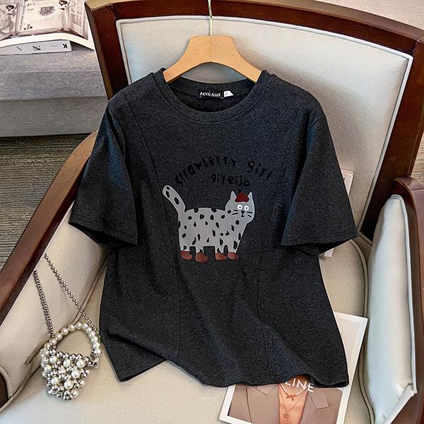 2025 Winter Women's Plus Size Thick Cotton Short Sleeve with Cat Print, Round Neck, Versatile and Extra Large Fit