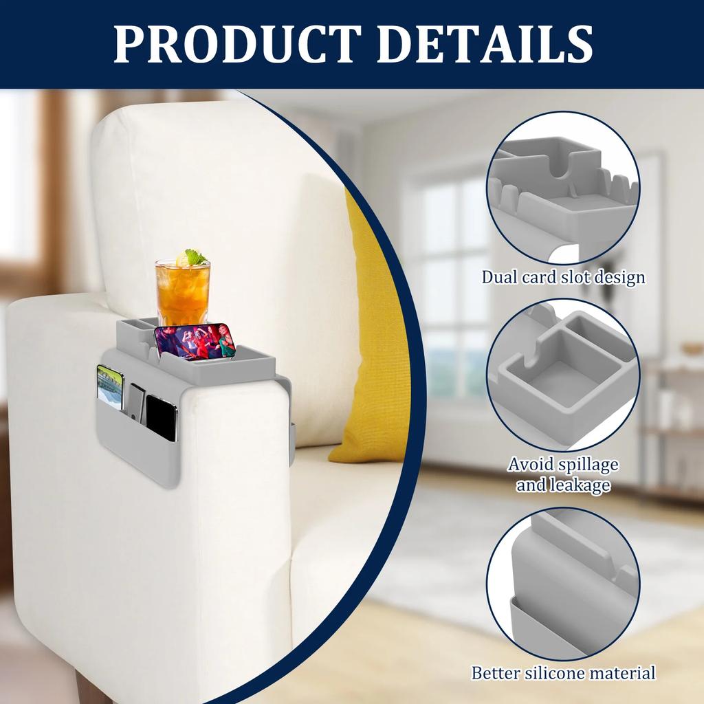 Sofa Cup Holder Silicone Sofa Armrest Tray with Side Pocket Dual Slot Beverage Snack Storage Phone Remote Control Organizer