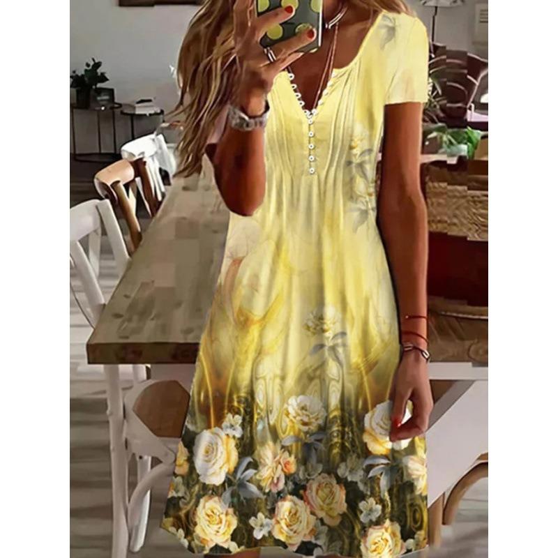 

IHUASU Fashion Summer Spring Short Sleeve V-Neck Casual Dresses S жёлтый