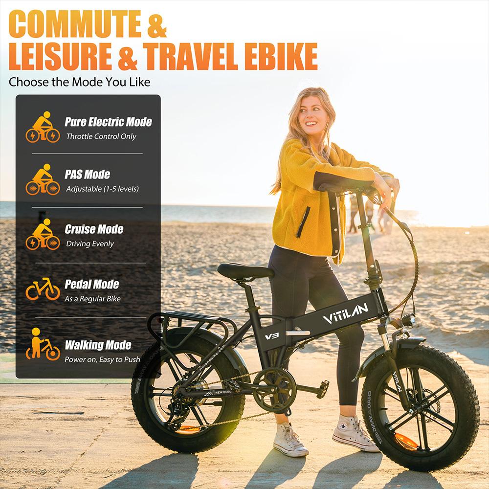VITILAN Bicicletta Elettrica V3 20"x4.0" Motore di Picco 1200W Freno a Disco Idraulico 7 Velocità City E-Bike 48V 13AH Display LCD Velocità Massima 45Km/h