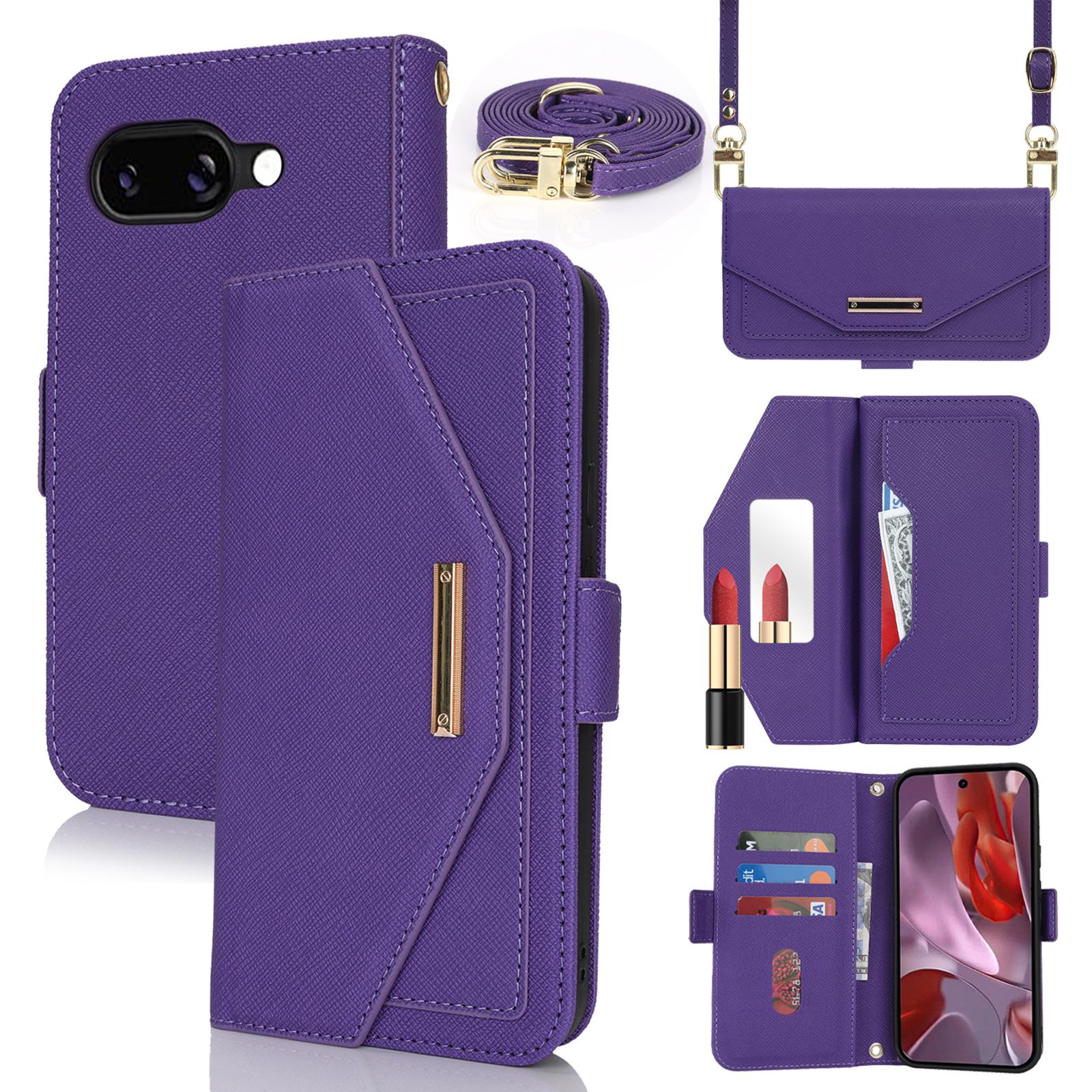 

Чехол-подставка для Google Pixel 9a, текстура крест-накрест, кошелек из ПУ кожи, чехол для телефона с плечевым ремнем/зеркальцем для макияжа Purple