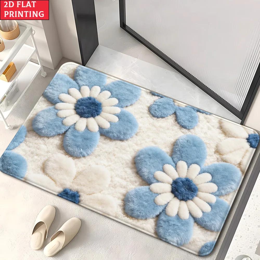 1pc 2D Flat Blue Floral Bathroom Entryway Area Rug, Non‑Slip Decor Floor Mat for Bathroom Indoor Use