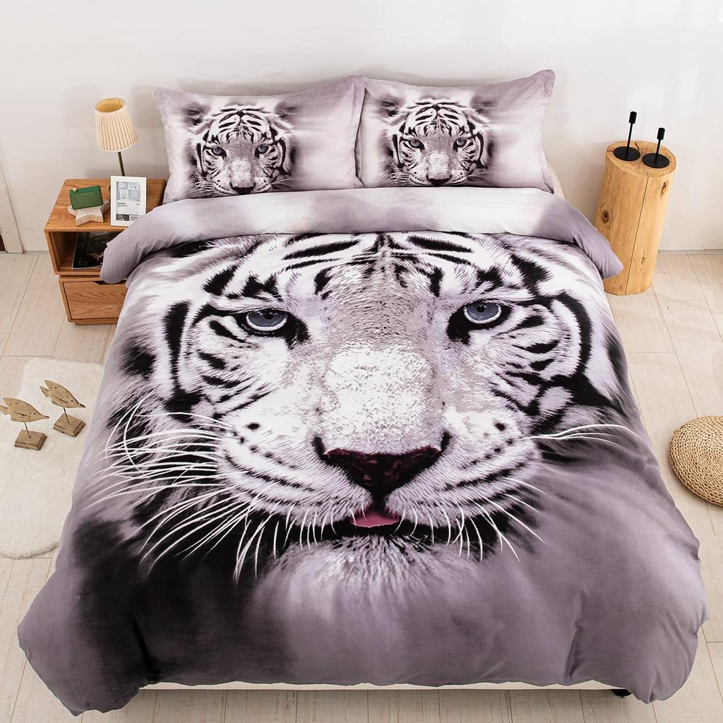 Tiger Duvet Cover Set King Size 3D White Tiger Bedding Sets Wild Animals Pattern Comforter Cover Set For Boys Girls Quilt Cover
