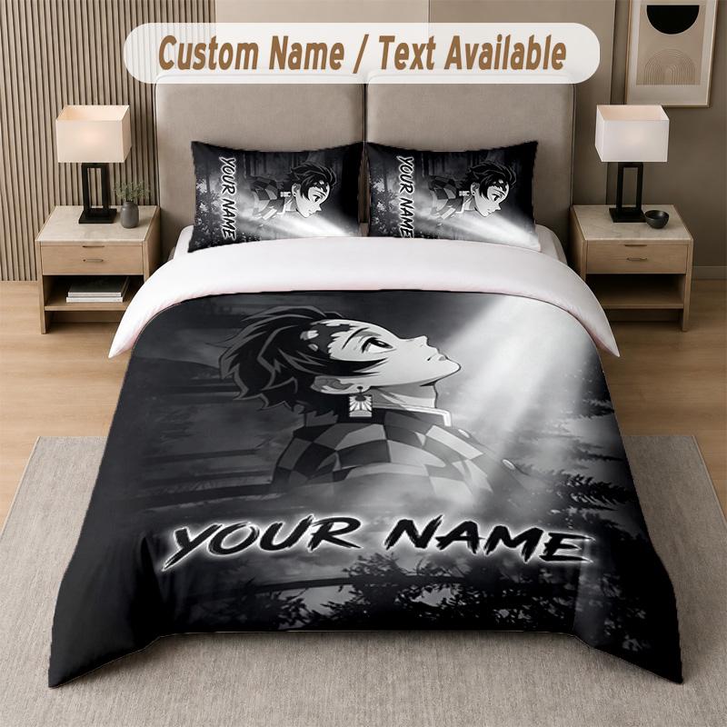 Demon Slayer 3Pcs Bedding Set, Personalized Custom Name Text, 1 Duvet Cover & 2 Pillowcases For Bedroom
