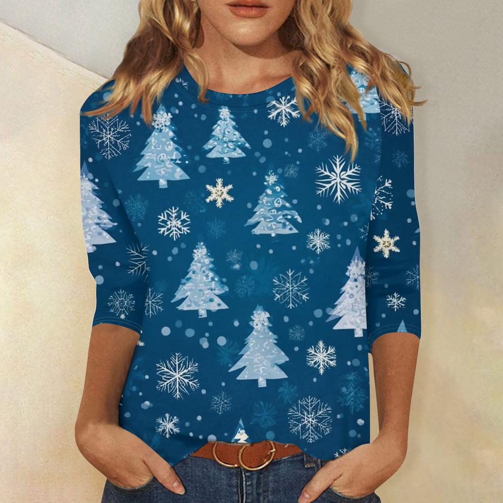 Women's Fashion Casual Christmas Printed Round Neck Long Sleeve Pullover Top