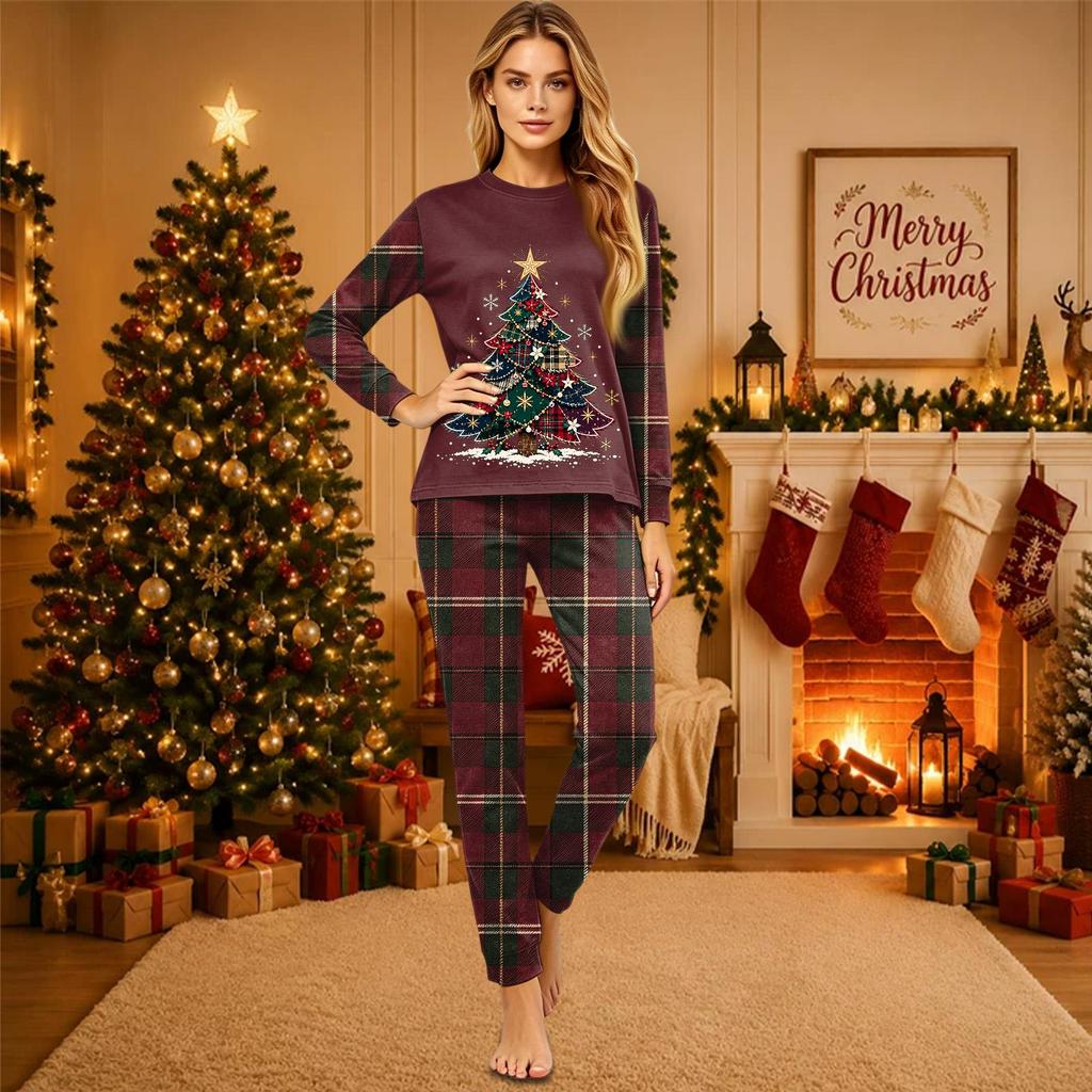 Christmas-print long-sleeve and long-pant matching family loungewear set