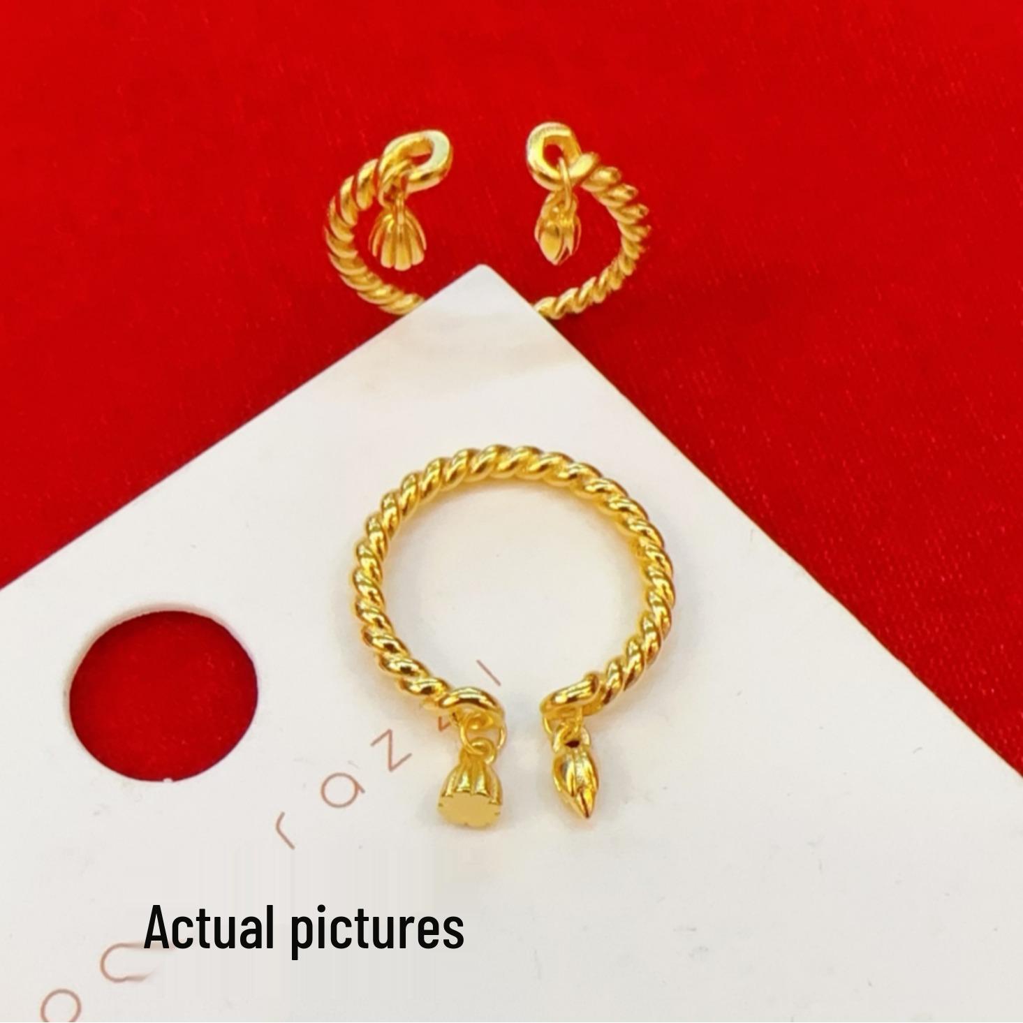 Fu Yun Lotus Pod Retro Open Ring - Chinese Gourd Hand Jewelry in Imitation Sand Gold Adjustable Open Size