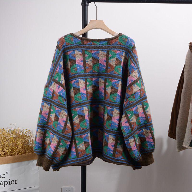 High-Quality Korean-Style Women's Color-Block Plaid Knit Cardigan Jacket Retro Wool-Containing Loose Knit Top
