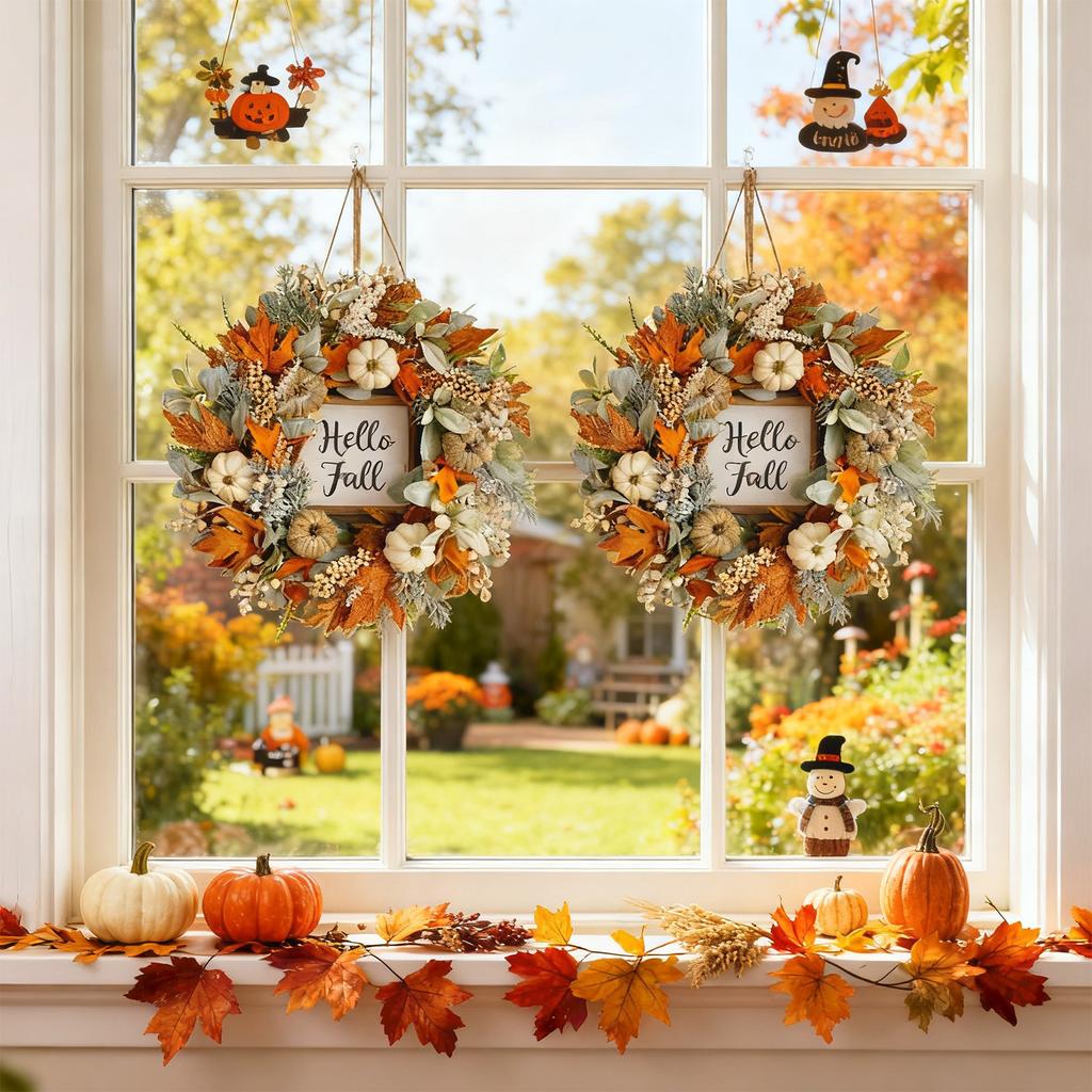 Pumpkin Maple Leaf Wreath With Berry Wood Sign Front Door Autumns Door Hanging Decoration Thanksgiving Harvests Festival