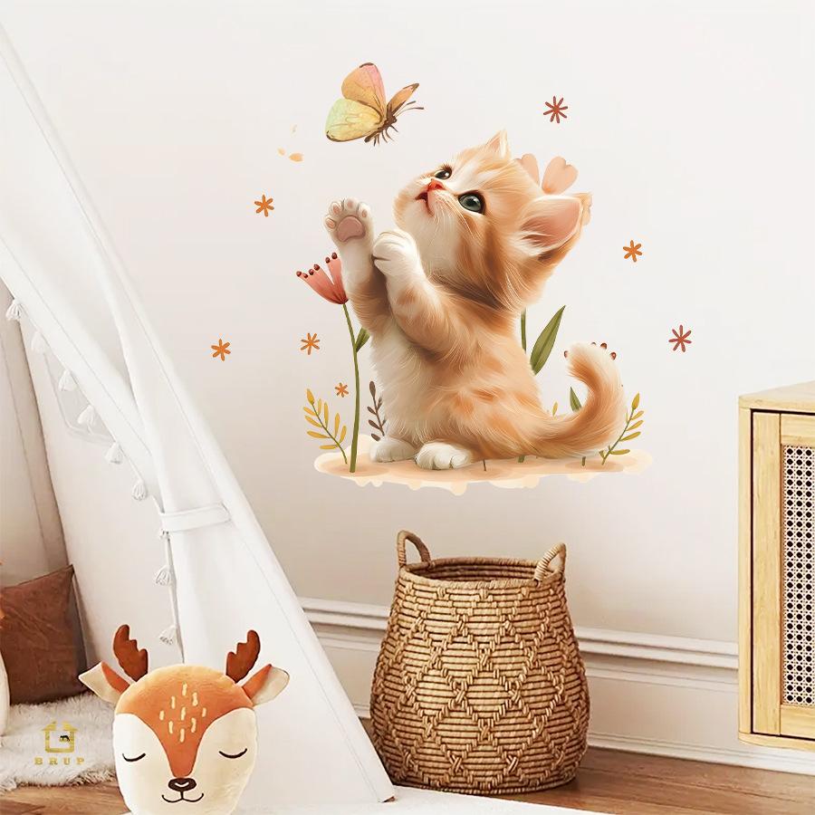 Adorable Orange Kitten with Butterfly Wall Stickers, Self-Adhesive Decor for Bedroom Living Room Home Background Decoration