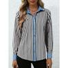 Women Color Block Stripe Splicing Loose Long Sleeve Collared Shirt