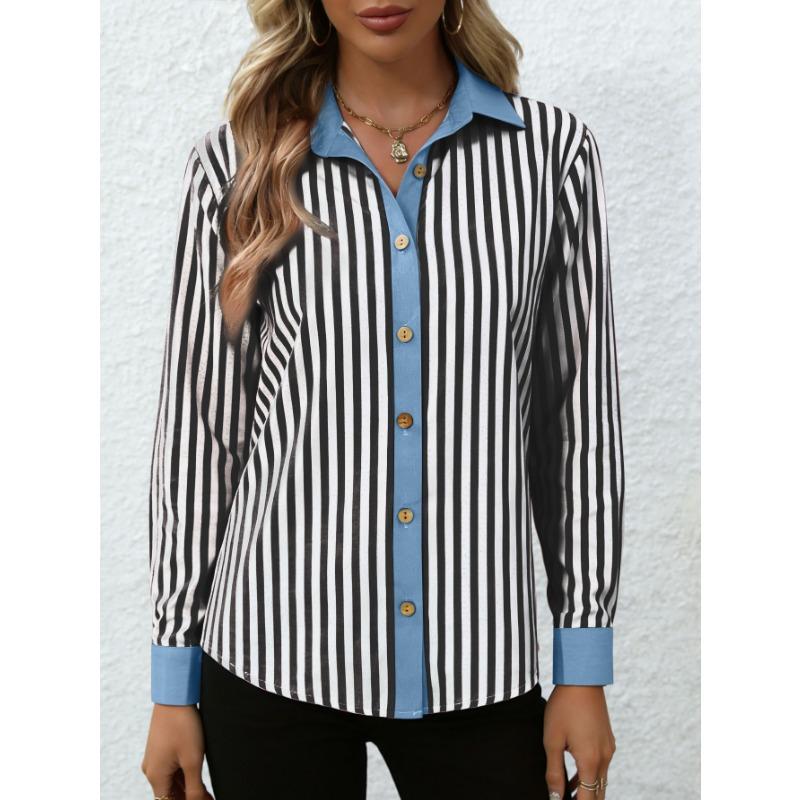 Women Color Block Stripe Splicing Loose Long Sleeve Collared Shirt