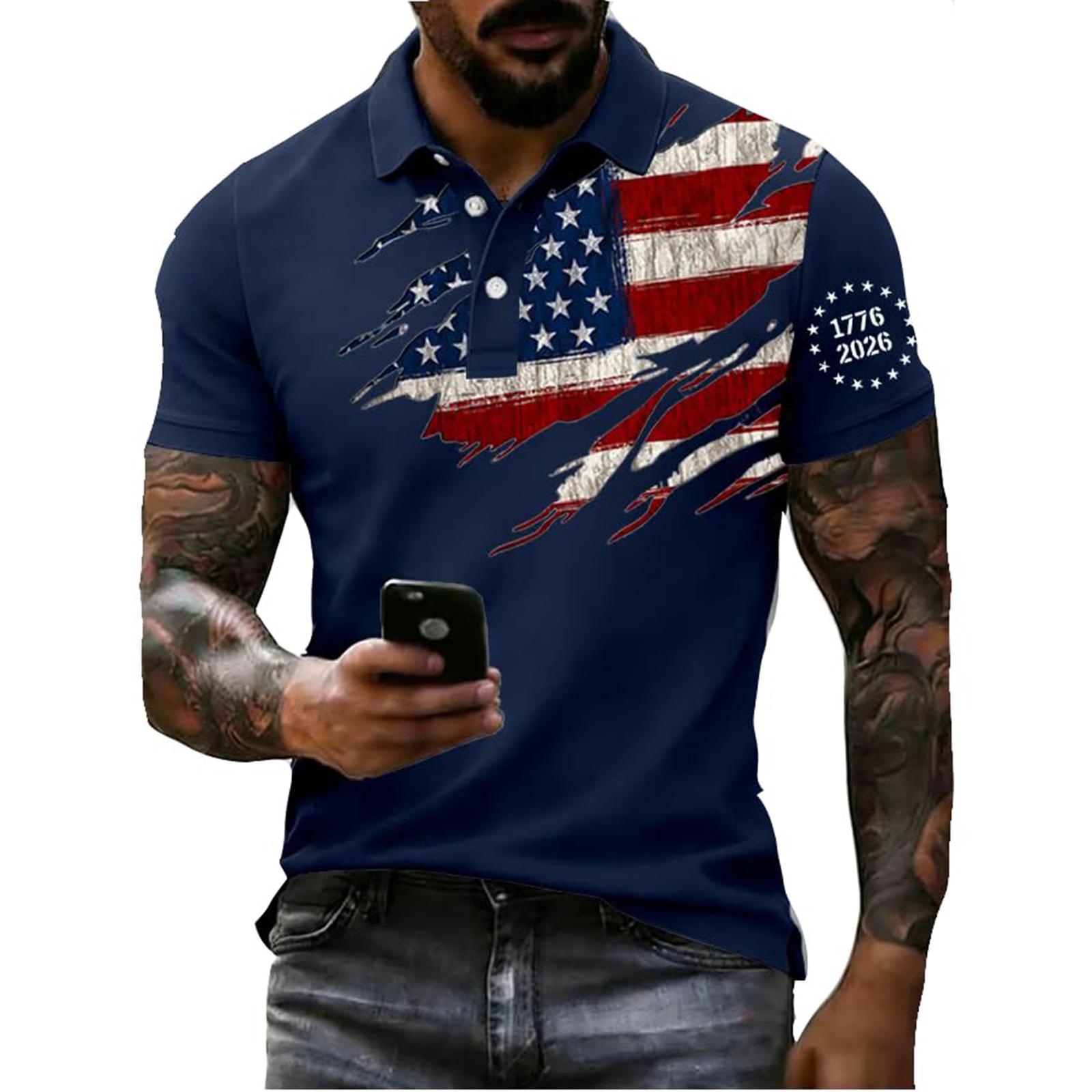 

Men s Loose And Casual Flag-print T-shirt, Short Sleeve Shirt M тёмно-синий