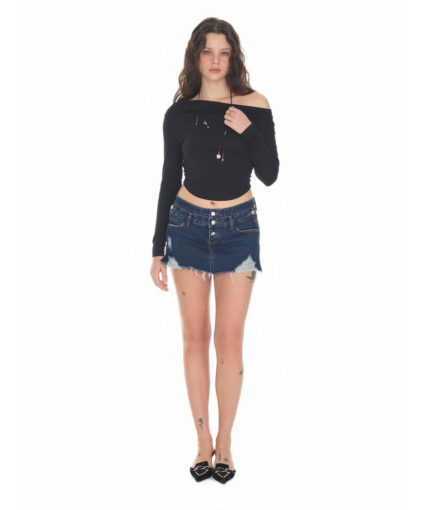 TOOMUCHTAX One Shoulder Long Sleeve Top Black