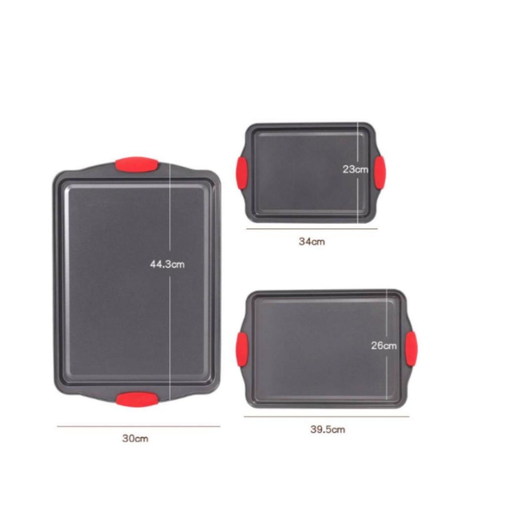 3 Pieces Rectangular Cooking Tray Red Silicone Handles Nonstick Thickened Carbon Steel