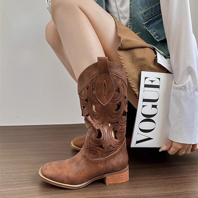 Fashion New Luxury Hollow Embroidered Vintage Western Boots Women Autumn Chunky Heels Knee High Cowboy Boots Woman Leather Knight Boots