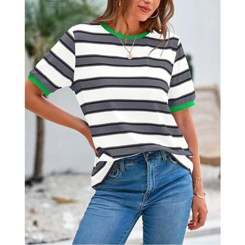 

Женская цветная футболка в стиле пэчворк с круглым вырезом и крупными полосками и свободным повседневным топом S серый