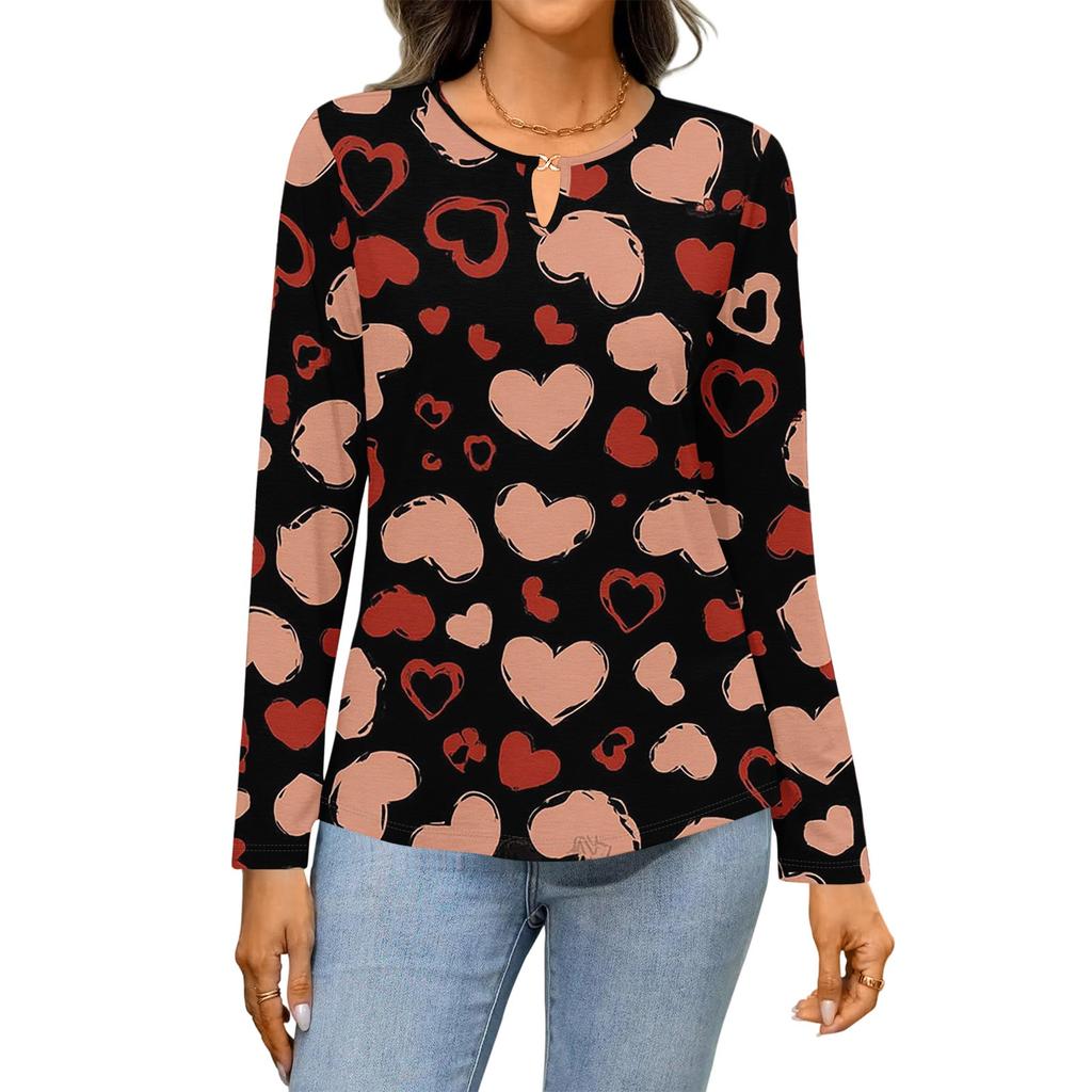 Women's Casual Round Neck Hollow,out Pullover Long Sleeve Valentine's Day Heart Print T,shirt Top