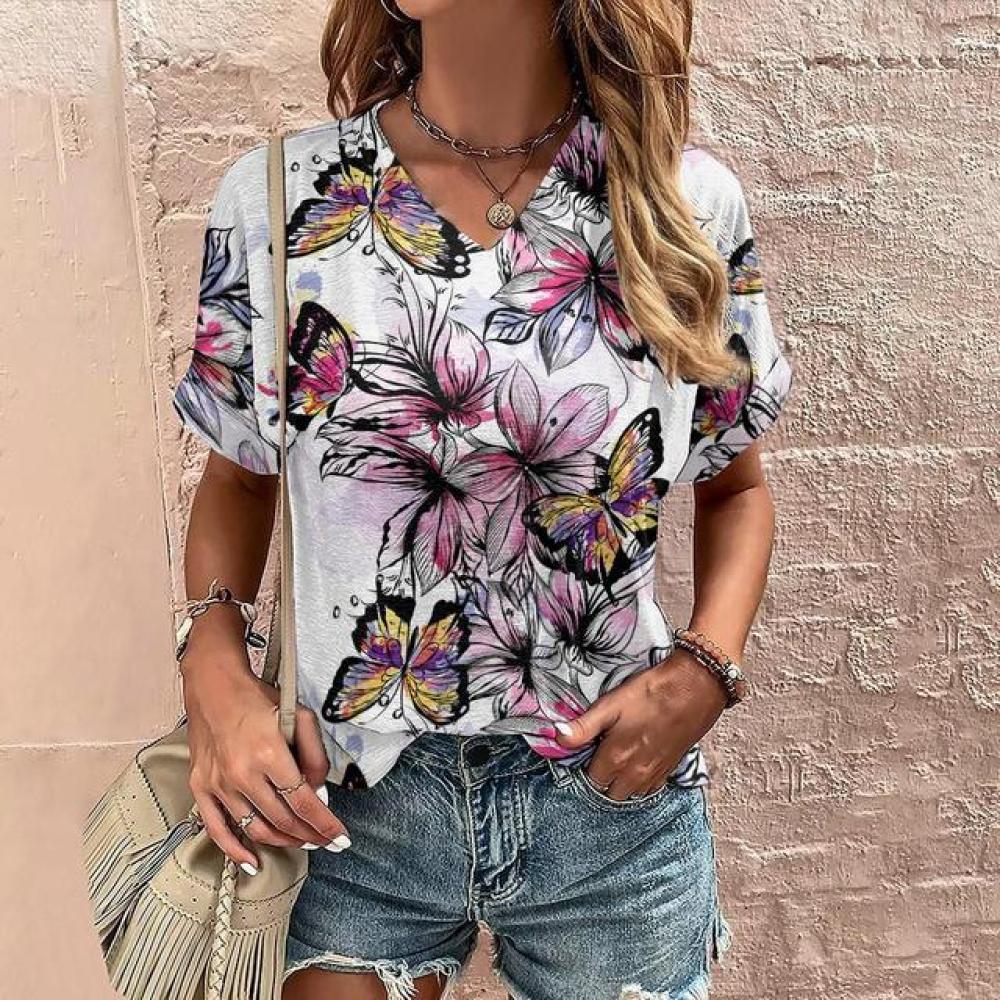 Модная женская футболка с 3d цветами и v-образным вырезом — фото 11