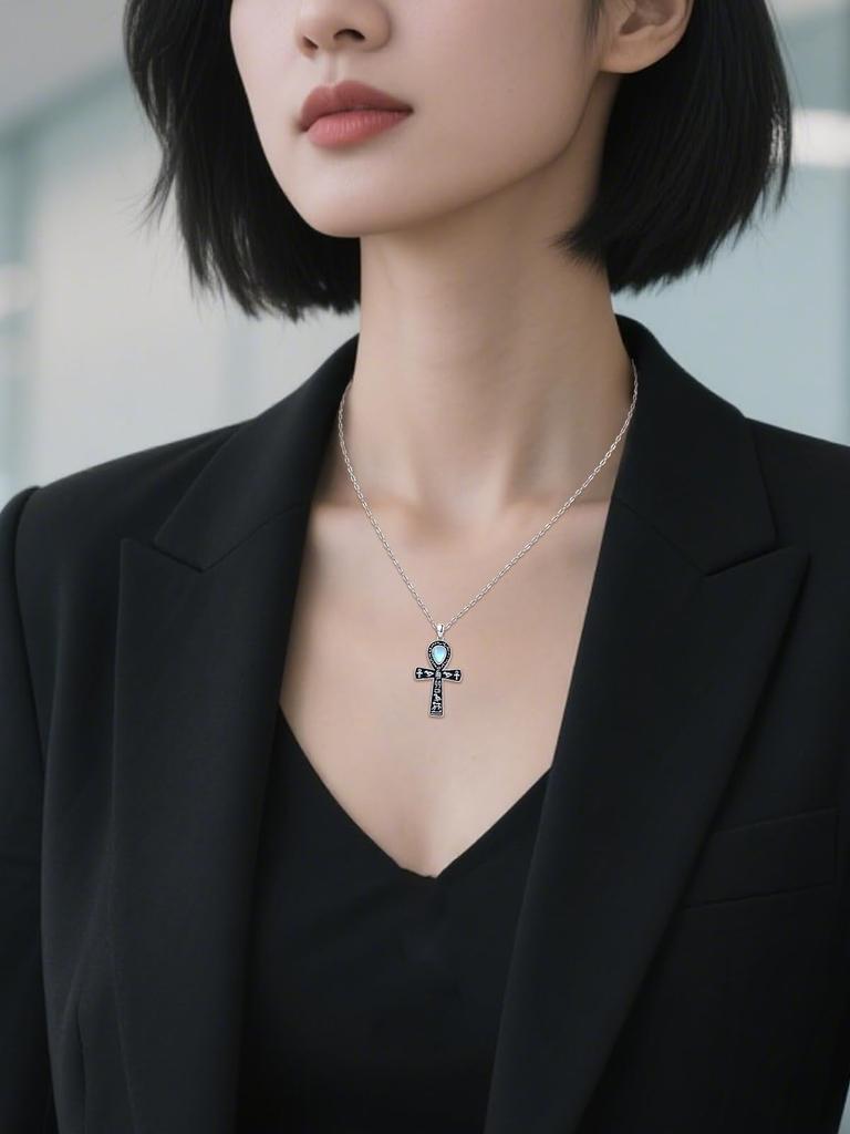 Necklace for Ankh Silver Ancient Resurrection of the Carved Cross Spiritual White Christmas [StoryMidir] Women, Cross, Moonstone, 925, Egyptian, Dead,