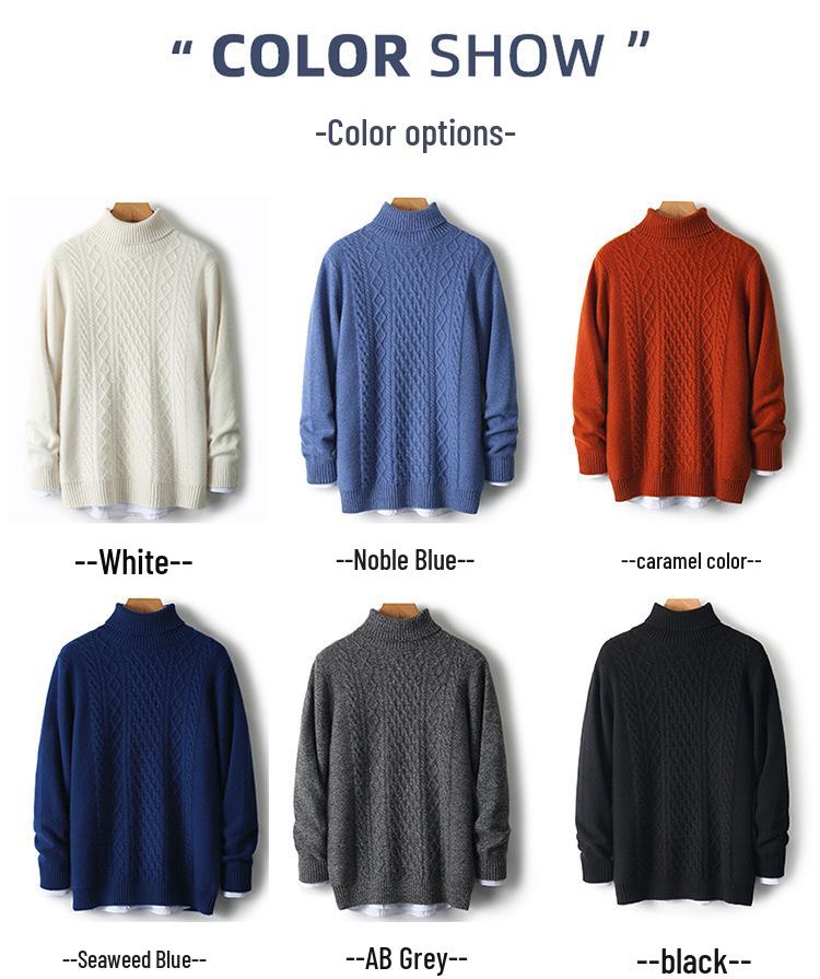 Men's High Neck 100% Wool Sweater - Thick, Cozy Knit for Casual or Business Wear