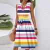 Women's Summer Fashion Loose V-Neck Sleeveless Lace-Up Striped Print Dress