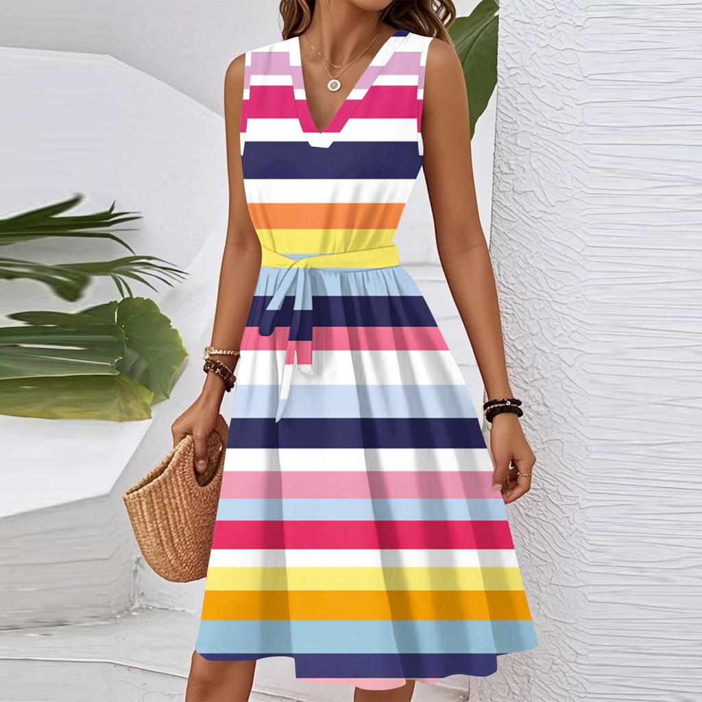 Women's Summer Fashion Loose V-Neck Sleeveless Lace-Up Striped Print Dress