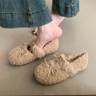 Schleife Damen Ballerinas Wildlederschuhe Fell Slipper Kurzer Plüsch Sportschuhe Lässig 2025 Winter Neu Damen Sneaker Walking Zapatos
