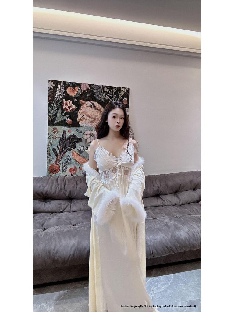 Carat Lover French Fleece-Lined Bathrobe & Camisole Long Dress - Women's Sexy Autumn/Winter Collection